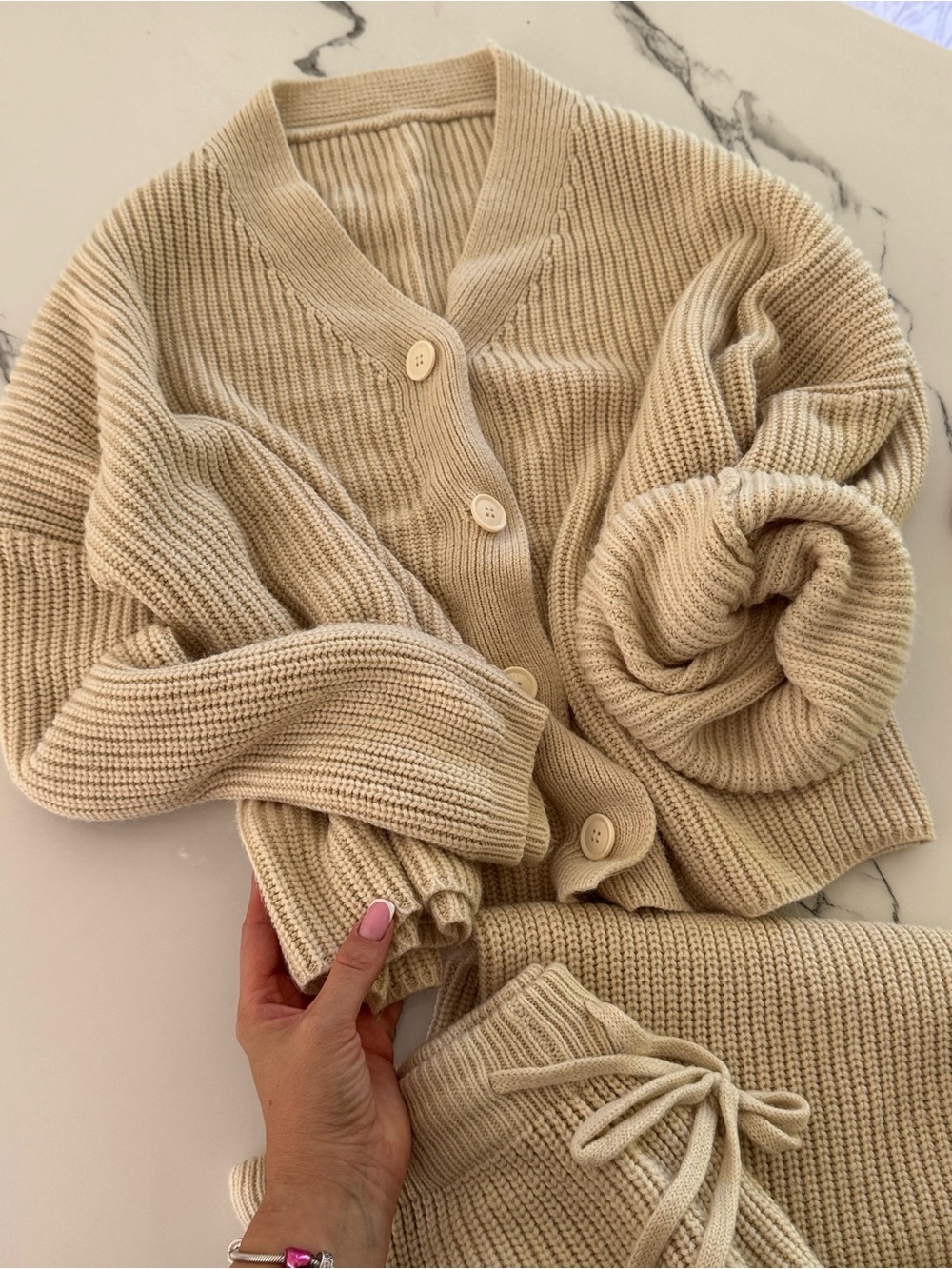 Cream Ribbed Button-Front Women's Cardigan Sweater and Pants, set of two